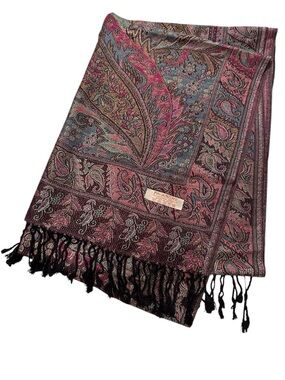 Pashmina Pink, Teal and Gold Shimmer Paisley Woven Oversized Scarf